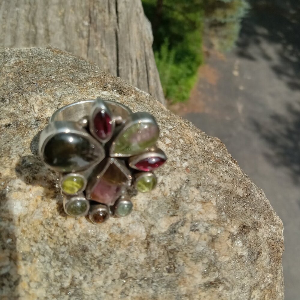 Unique Mixed Tourmalines Ring In 925 Thick Silver